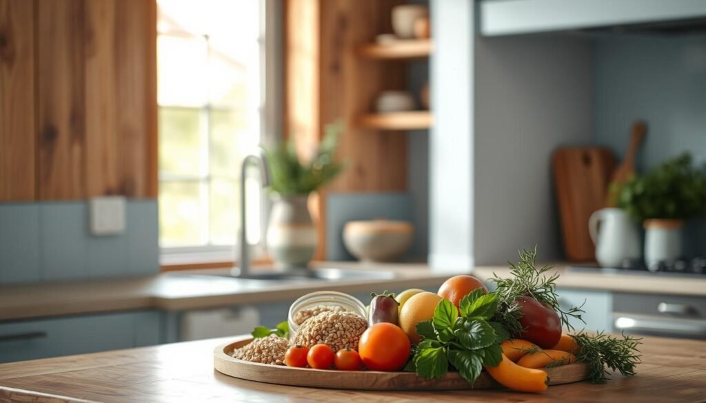 A cozy, minimal kitchen with wooden textures and light blue accents. On the counter, an assortment of fresh ingredients - whole grains, vibrant vegetables, and aromatic herbs. The arrangement captures the benefits of texture variety, showcasing the visual appeal and promise of satisfying, nutritious meals. Soft, diffused lighting accentuates the natural tones and patterns, creating an inviting atmosphere that inspires culinary exploration. The scene conveys a sense of balanced simplicity, hinting at the flavorful possibilities of incorporating diverse textures into dinner preparations.