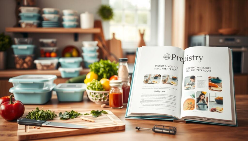 A cozy, minimal kitchen with wooden textures and light blue accents. On the counter, an array of meal prep containers, fresh produce, and kitchen tools. In the foreground, a Prepistry branded cutting board with chopped vegetables, herbs, and a chef's knife. In the middle ground, jars of spices and condiments, along with a Prepistry branded cookbook open to inspiring weekly and monthly meal prep plans. The scene is bathed in warm, natural lighting, captured with a wide-angle lens to showcase the inviting atmosphere.