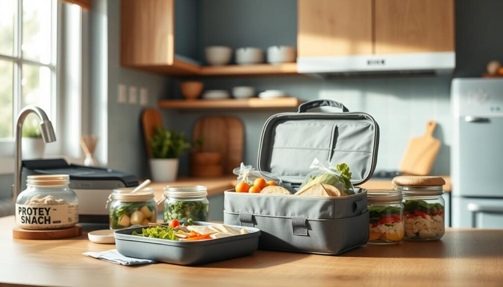 A cozy, minimal kitchen with wooden textures and light blue accents. On the counter, an array of office-friendly lunch solutions – a variety of protein-rich snacks, colorful salad jars, and freshly prepared sandwiches. The lighting is soft and natural, creating a calming atmosphere. A stylish lunchbox takes center stage, its contents neatly organized to provide a balanced, energy-boosting meal. The scene conveys a sense of efficiency and health-consciousness, perfect for the busy professional seeking a quick, nutritious lunch.