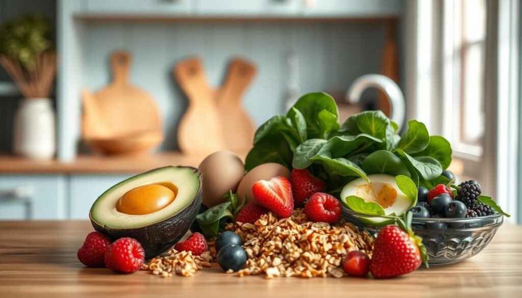 A cozy, minimal kitchen with wooden textures and light blue accents. On the counter, an array of healthy breakfast ingredients - ripe avocado, farm-fresh eggs, crisp spinach leaves, nutty granola, and juicy berries. The ingredients are thoughtfully arranged, highlighting their natural colors and textures. Soft, natural lighting casts a warm glow, accentuating the freshness of the produce. The scene evokes a sense of simplicity and nourishment, inviting the viewer to consider nutritious breakfast swaps for a quick, low-sugar morning routine.