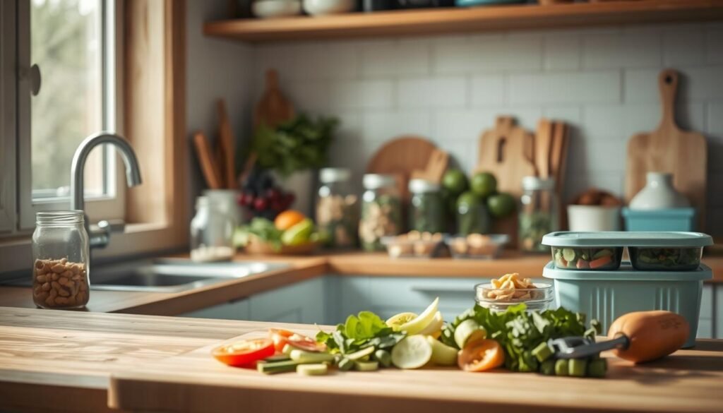 A cozy, minimal kitchen with wooden textures and light blue accents. On the counter, an array of fresh produce, mason jars, and simple meal prep containers, conveying a sense of organization and intentionality. The scene is bathed in soft, natural lighting, creating a calming, serene atmosphere. In the foreground, a cutting board with sliced vegetables, while in the middle ground, a few prepped salads and snacks are neatly arranged. The background suggests an uncluttered, peaceful space, allowing the focus to remain on the thoughtful meal prep strategies.