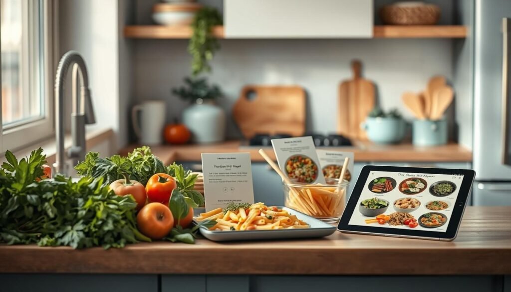 A cozy, minimal kitchen with wooden textures and light blue accents. On the counter, an array of fresh ingredients - vibrant vegetables, fragrant herbs, and artisanal pasta. Inspirational recipe cards and a sleek tablet display creative meal ideas, each dish a masterful blend of flavors and textures. Soft, natural lighting illuminates the scene, inviting the viewer to imagine the delicious possibilities. The atmosphere is one of culinary exploration and nourishing simplicity, setting the stage for a fulfilling dinner meal prep experience.