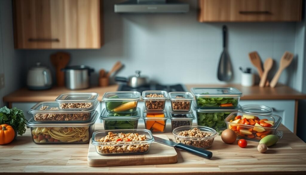 A cozy, minimal kitchen with wooden textures and light blue accents. On the counter, an array of glass storage containers filled with various homemade meals, accompanied by a cutting board, a sharp knife, and fresh produce. The warm, diffused lighting casts a soft glow, highlighting the organized and efficient setup. In the background, a few simple kitchen appliances and utensils convey a sense of practicality and ease. The scene exudes a serene, uncluttered atmosphere, inviting the viewer to explore the batch cooking tips and freezer-friendly techniques that can streamline meal preparation.