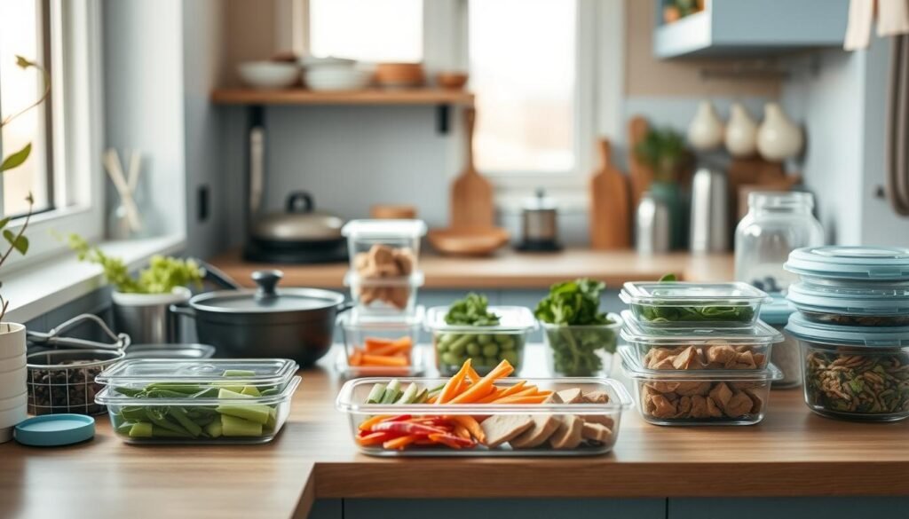 A cozy, minimal kitchen with wooden textures and light blue accents. On the counter, expertly prepared meal components are neatly organized - sliced vegetables, portioned proteins, and reusable glass containers. The natural lighting casts a soft glow, highlighting the efficient, time-saving meal prep strategies. Various cooking tools and kitchen gadgets are within reach, suggesting a well-planned, practical approach to nutritious, refrigeration-free meals. The atmosphere is calm and focused, conveying the ease and simplicity of this office-friendly meal prep solution.