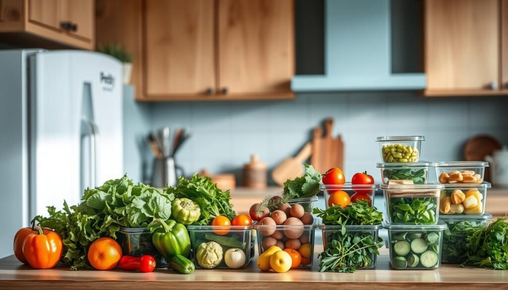 A cozy, minimal kitchen with wooden textures and light blue accents. On the counter, various seasonal produce - leafy greens, colorful vegetables, and fresh herbs - are neatly arranged in glass storage containers, creating an inviting display. In the background, the 