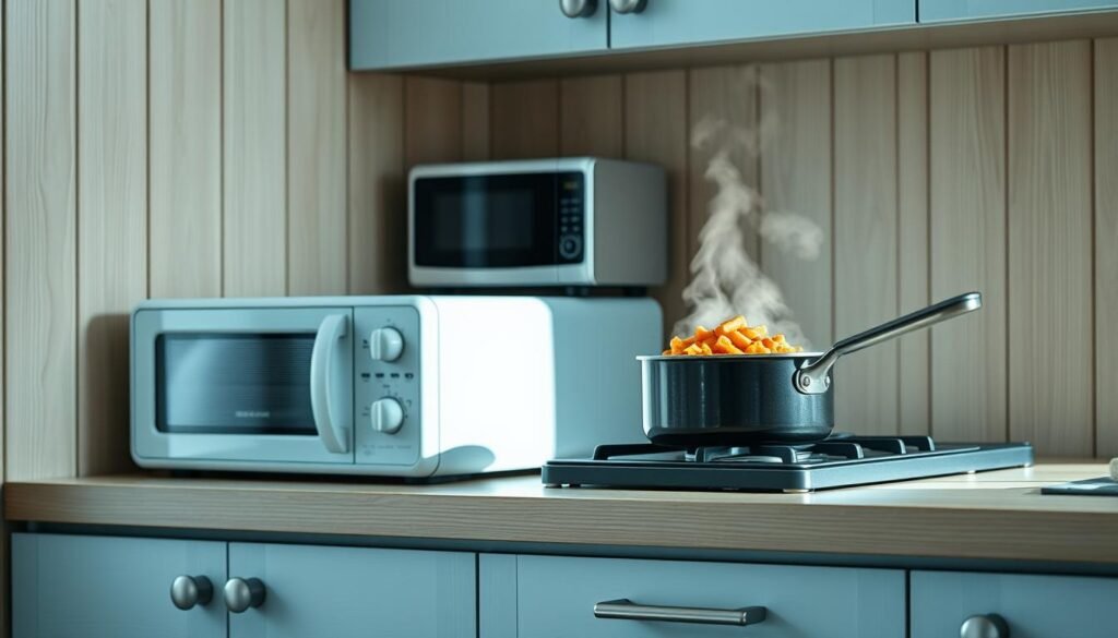 A cozy, minimal kitchen with wooden textures and light blue accents. On the counter, various reheating methods are neatly arranged: a microwave, a toaster oven, and a small saucepan on the stovetop. Steam rises from the saucepan, hinting at the warm, delicious meal within. The lighting is soft and natural, casting a gentle glow over the scene. The overall atmosphere is one of efficiency and organization, reflecting the 