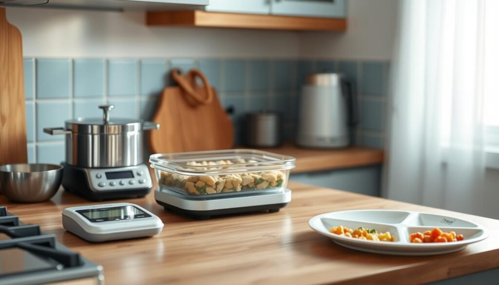 A cozy, minimal kitchen with wooden textures and light blue accents. On the counter, various portion control strategies are displayed – a set of measuring cups, a digital food scale, a meal prep container with compartments, and a portion-controlled plate with labeled sections. The lighting is soft and natural, casting a warm glow over the scene. The focus is on the portion control tools, highlighting their utility for busy professionals looking to maintain a healthy diet.