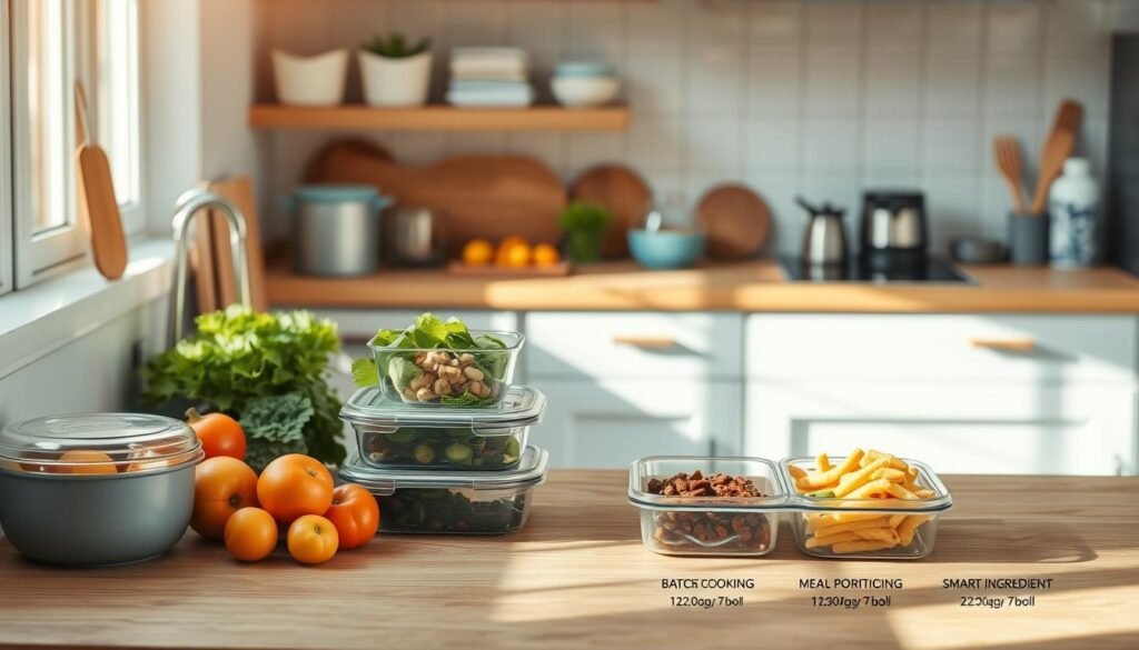 A cozy, minimal kitchen with wooden textures and light blue accents. On the counter, various meal prep containers, fresh vegetables, and kitchen tools are neatly arranged. The scene is bathed in warm, natural lighting, creating a serene and organized atmosphere. In the foreground, a step-by-step visual guide showcases time-saving tricks like batch cooking, meal portioning, and smart ingredient storage. The overall mood is one of efficiency and simplicity, inspiring busy professionals to adopt healthy, fuss-free meal prep routines.
