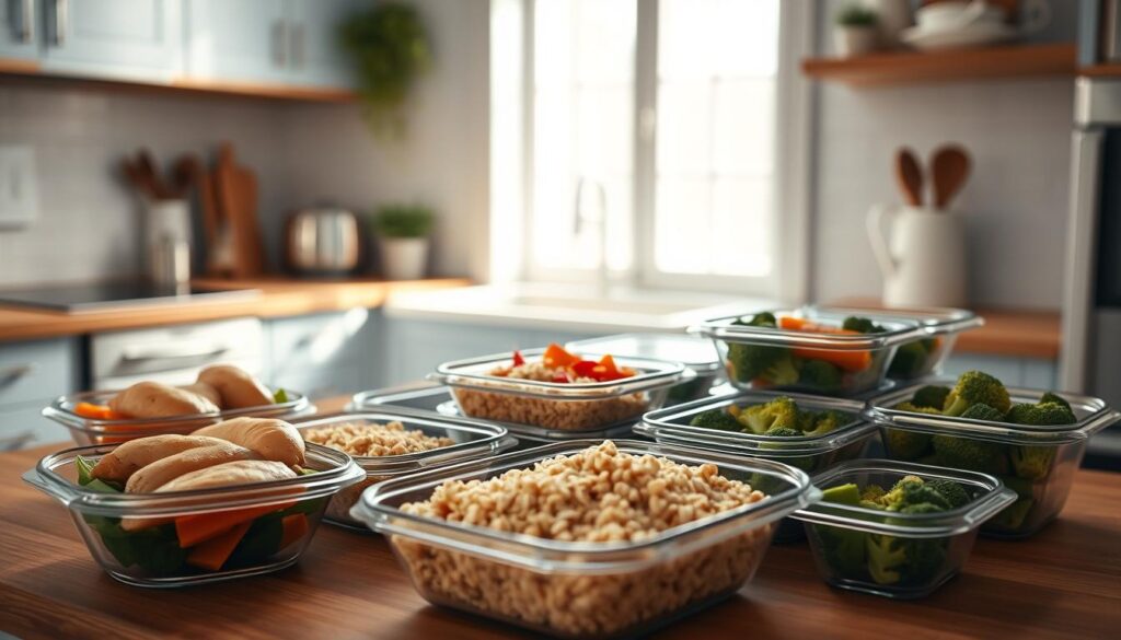 A cozy, minimal kitchen with wooden textures and light blue accents. On the counter, various meal prep containers filled with a variety of healthy, high-protein dishes - baked chicken breasts, roasted sweet potatoes, quinoa salad, and steamed broccoli. A clean, uncluttered space that exudes simplicity and efficiency, perfect for quick and easy dinner meal prep. Warm, diffused lighting illuminates the scene, creating a welcoming atmosphere. The camera angle is slightly elevated, capturing the organized array of meal components in an inviting, appetizing manner.