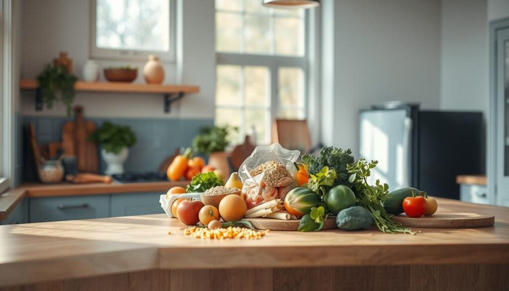 A cozy, minimal kitchen with wooden textures and light blue accents. On the countertop, a variety of fresh, locally-sourced ingredients are neatly arranged, including seasonal vegetables, wholesome grains, and plant-based proteins. The kitchen is well-lit, with natural light streaming in through large windows, casting a warm, inviting glow. The scene conveys a sense of mindfulness and sustainability, hinting at the preparation of a nourishing, eco-friendly meal. No hands are visible, as the focus is on the ingredients and the overall atmosphere of a thoughtful, responsible approach to office meal planning.