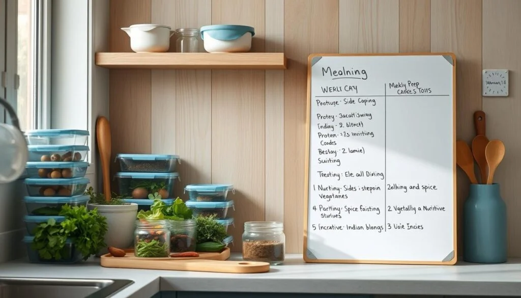 A cozy, minimal kitchen with wooden textures and light blue accents. On the countertop, a neatly organized array of meal prep containers, fresh herbs, and spices. A clean, white board displays a weekly meal plan, with notes on protein sources, vegetable sides, and innovative Indian spice blends. Soft, natural lighting fills the space, creating a serene and inviting atmosphere. The scene conveys a sense of intentionality and efficiency in planning nutritious, flavorful weeknight dinners.