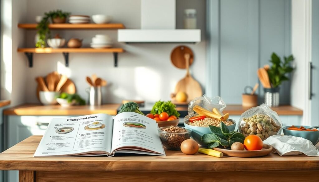 A cozy, minimal kitchen with wooden textures and light blue accents. On the countertop, a step-by-step guide to dinner meal prep unfolds, complete with precise measurements, cooking times, and clear illustrations of each stage. Vegetables, grains, and proteins are neatly arranged, inviting the viewer to envision a week's worth of delicious, varied meals. The lighting is soft and natural, creating a sense of ease and inspiration. The overall atmosphere is one of organization, simplicity, and culinary potential, capturing the essence of the 