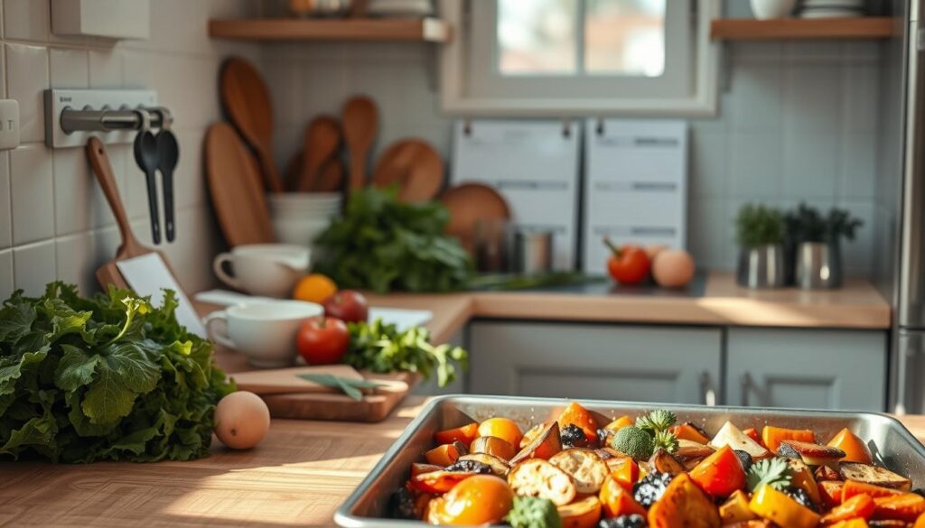 A cozy, minimal kitchen with wooden textures and light blue accents. On the countertop, a cutting board, measuring cups, and a variety of fresh produce - leafy greens, vegetables, and herbs. Recipe cards and a weekly meal planner are neatly arranged, suggesting a thoughtful approach to meal planning. The soft, natural lighting casts a warm glow, creating an inviting atmosphere for efficient meal prep. In the foreground, a sheet pan with a variety of roasted vegetables, hinting at the delicious, dairy-free dinner to come. The scene conveys a sense of organization, simplicity, and a focus on wholesome, flavorful meals for busy weeknights.