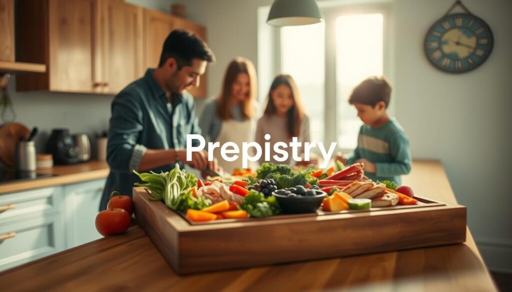 A cozy, minimal kitchen with wooden textures and light blue accents. On the countertop, a family gathers around a large wooden cutting board, preparing a delightful bento-style meal. Fresh ingredients - crisp vegetables, succulent proteins, and vibrant fruits - are arranged with care, creating a visually stunning and nourishing spread. The Prepistry logo is discreetly visible, emphasizing the organized and intentional nature of this family-friendly meal prep. Soft, natural lighting filters through the windows, casting a warm glow over the scene, evoking a sense of togetherness and domestic bliss.