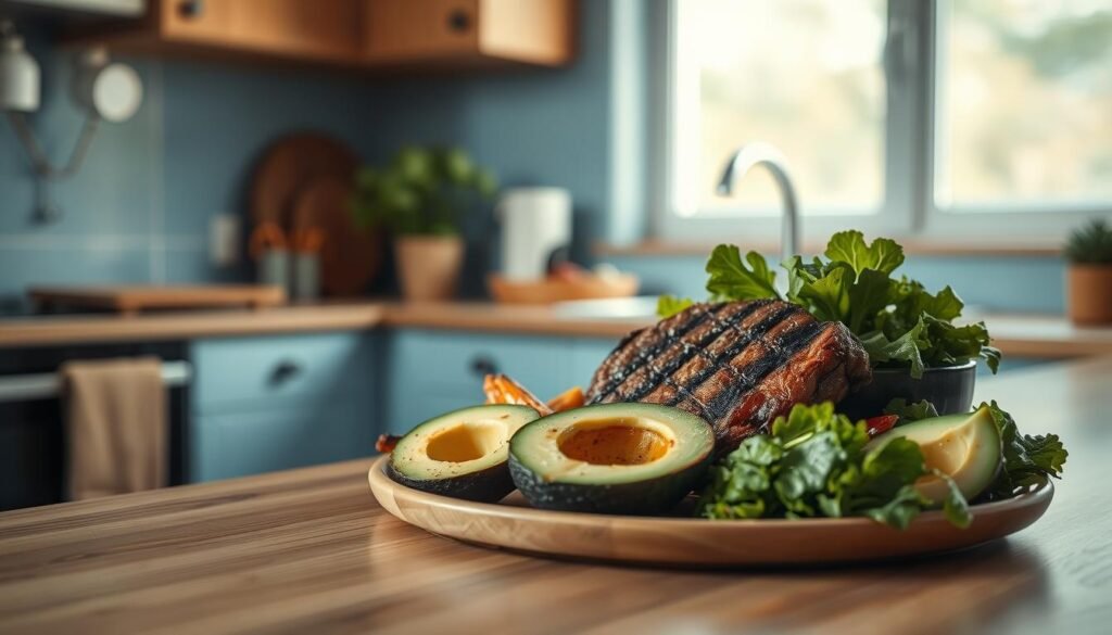 A cozy, minimal kitchen with wooden textures and light blue accents. On the countertop, a beautifully arranged display of protein-rich keto meals - a juicy grilled steak, crisp-tender roasted vegetables, creamy avocado slices, and a side of fresh mixed greens. The lighting is soft and natural, casting a warm glow over the scene. The composition draws the eye to the vibrant colors and textures of the healthy, high-protein dishes, highlighting their role in a ketogenic diet.