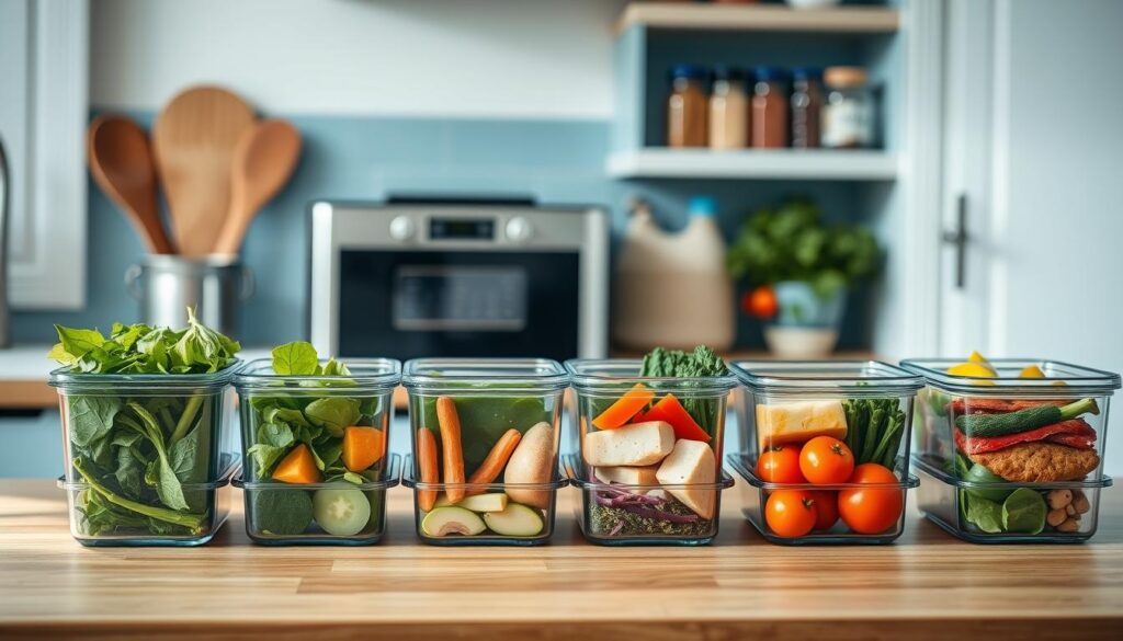 A cozy, minimal kitchen with wooden textures and light blue accents. On the countertop, a collection of meal prep containers, each filled with a different nutrient-dense, anti-inflammatory ingredient - vibrant greens, colorful vegetables, lean proteins, and healthy fats. In the background, a sleek appliance and a neatly organized spice rack, hinting at the care and attention given to this consistent meal prep routine. The scene is bathed in soft, natural lighting, conveying a sense of calm and intentionality. No hands are visible, emphasizing the focus on the prepared meals themselves.
