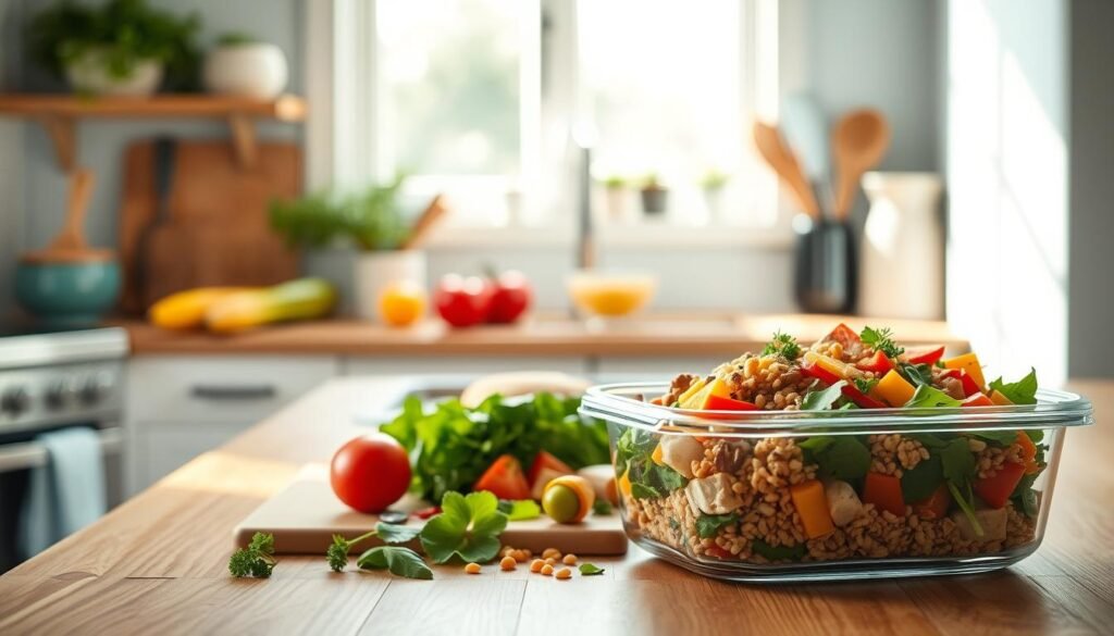 A cozy, minimal kitchen with wooden textures and light blue accents. On the countertop, a variety of fresh ingredients - crisp vegetables, grains, herbs, and lean proteins. A glass meal prep container filled with a colorful, nutrient-dense lunch, ready to be enjoyed at the office. Natural lighting streams in, creating a warm, inviting atmosphere. The scene captures the essence of quick, delicious meal prep for busy professionals, inspiring healthy and satisfying office lunches.
