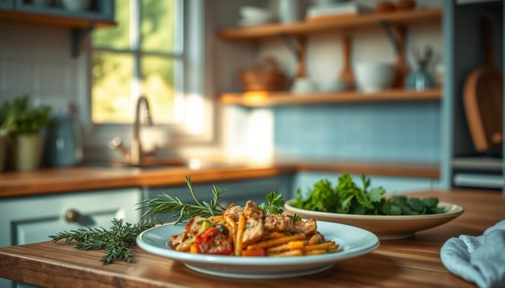 A cozy, minimal kitchen with wooden textures and light blue accents. On the countertop, a variety of fresh herbs - rosemary, thyme, and parsley - are artfully arranged. Nearby, a plate of revitalized leftovers, their flavors enhanced by the fragrant herbs. The warm, diffused lighting casts a soft glow, creating an inviting atmosphere. The composition emphasizes the transformation of ordinary leftovers into an appetizing, rejuvenated meal, ready to be enjoyed.