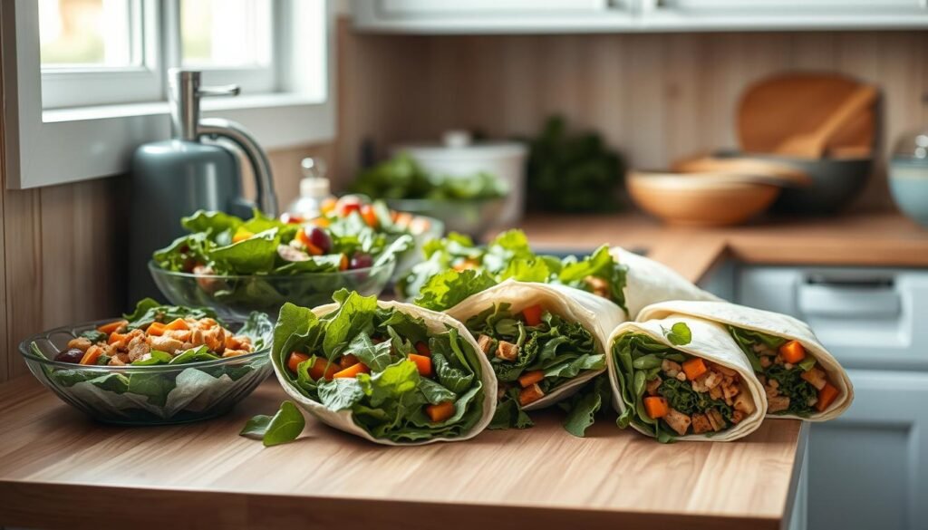 A cozy, minimal kitchen with wooden textures and light blue accents. On the countertop, a variety of fresh meal prep salads and wraps are neatly arranged, their vibrant colors and textures inviting. Leafy greens, crisp vegetables, and protein-rich fillings are meticulously combined, ready to be packed for the workweek. The scene exudes a sense of organization and intention, capturing the essence of "Essential Meal Prep Recipes and Prep Ideas for Work Lunches." The soft, natural lighting casts a warm glow, highlighting the care and attention put into these wholesome, portable meals.