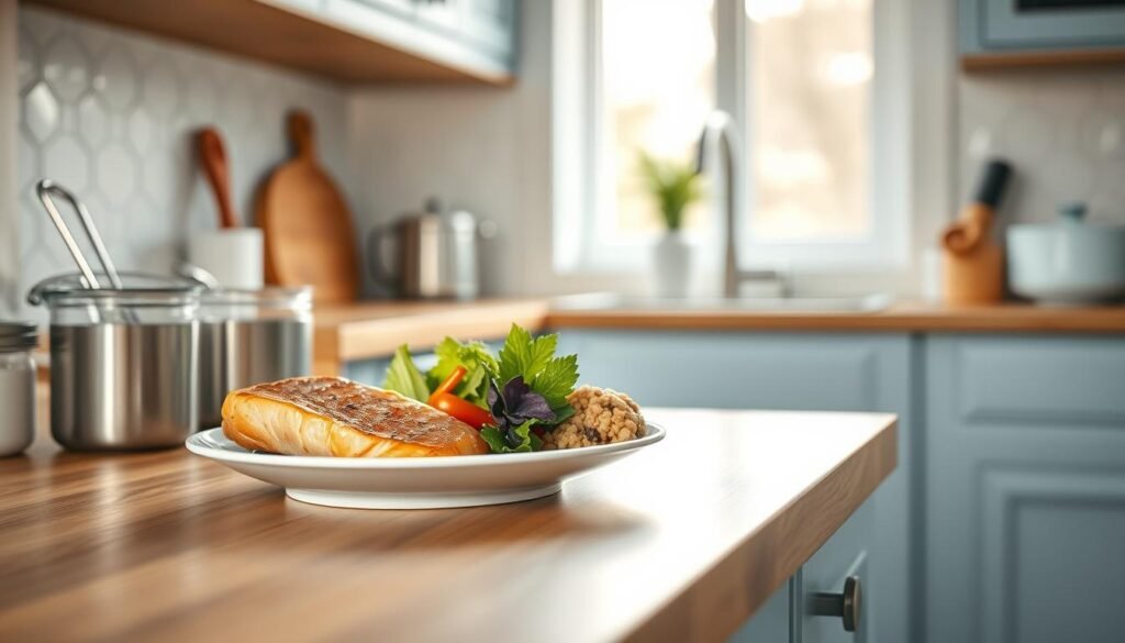 A cozy, minimal kitchen with wooden textures and light blue accents. On the countertop, a set of measuring cups and a plate with perfectly portioned food items - lean protein, vegetables, and a small serving of whole grains. A clean, organized space that encourages mindful eating and highlights the benefits of portion control for meal planning. Soft, natural lighting illuminates the scene, creating a calming atmosphere that inspires healthy habits.