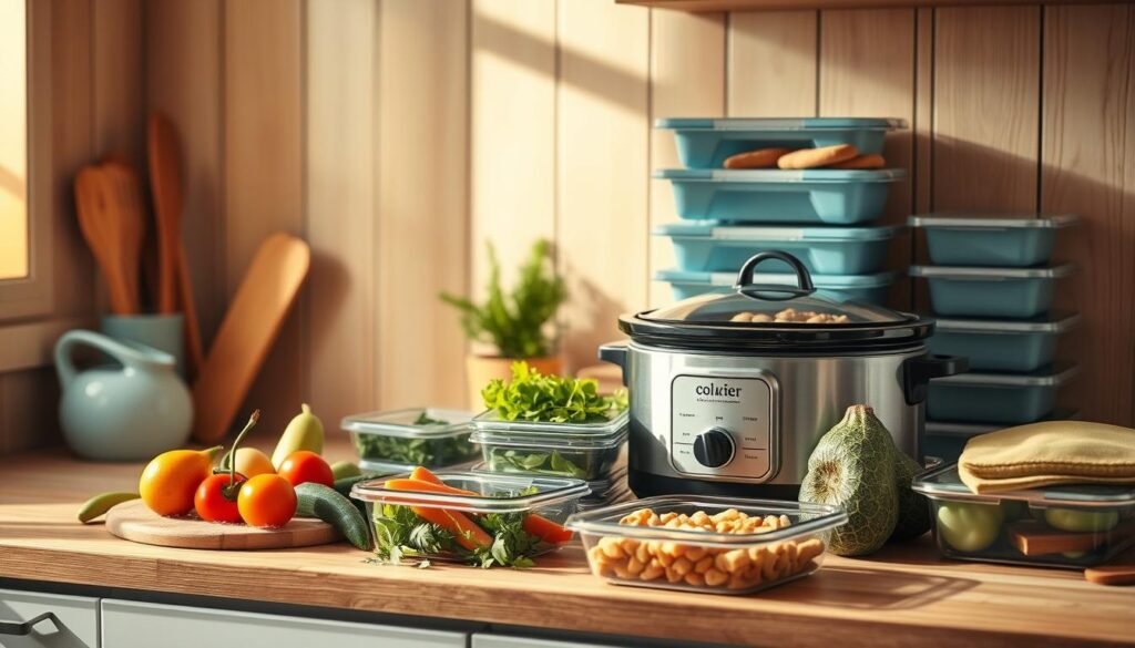 A cozy, minimal kitchen with wooden textures and light blue accents. On the countertop, a slow cooker simmers a hearty meal, surrounded by fresh vegetables, herbs, and a stack of meal prep containers. The warm, gentle lighting creates a calming atmosphere, inviting you to plan a week's worth of delicious, portion-controlled dinners. The scene conveys the ease and convenience of slow cooker meal prep, the perfect solution for a healthy, hassle-free dinner routine.