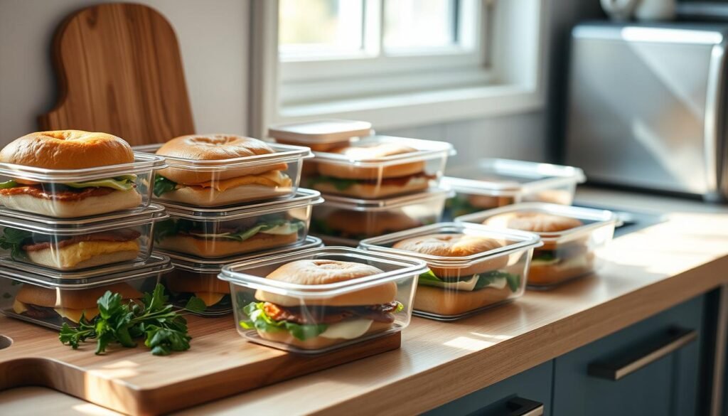 A cozy, minimal kitchen with wooden textures and light blue accents. On the countertop, an assortment of glass meal prep containers filled with homemade vegan breakfast sandwiches, adorned with plant-based protein. The sandwiches are neatly arranged, their golden-brown buns glistening under soft, natural lighting. A cutting board with fresh herbs and a sleek, stainless steel appliance, possibly a compact freezer, sits nearby, hinting at the smart freezing and reheating strategies used to prepare these convenient, nutritious meals.