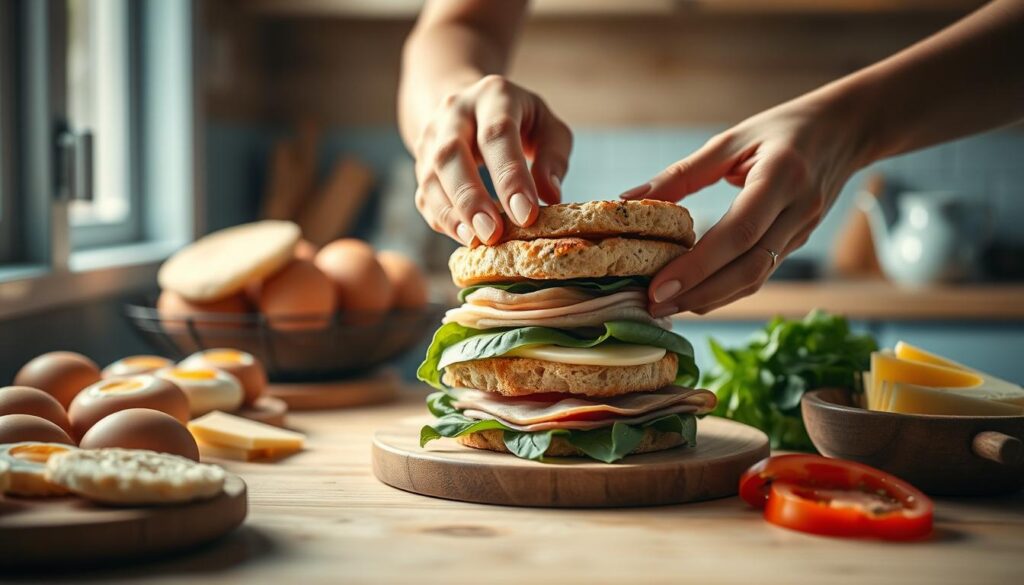 A cozy, minimal kitchen with wooden textures and light blue accents. On the countertop, an array of fresh ingredients - eggs, cheese, English muffins, and an assortment of toppings like sliced ham, spinach, and tomatoes. In the foreground, skilled hands expertly assembling a customized breakfast sandwich, layering the components with care. Soft, natural lighting illuminates the scene, casting a warm glow and emphasizing the textures. The composition is balanced, with the sandwich at the center, surrounded by the ingredients. An atmosphere of culinary creativity and personal expression pervades the image, inviting the viewer to imagine the possibilities of a customized breakfast sandwich.