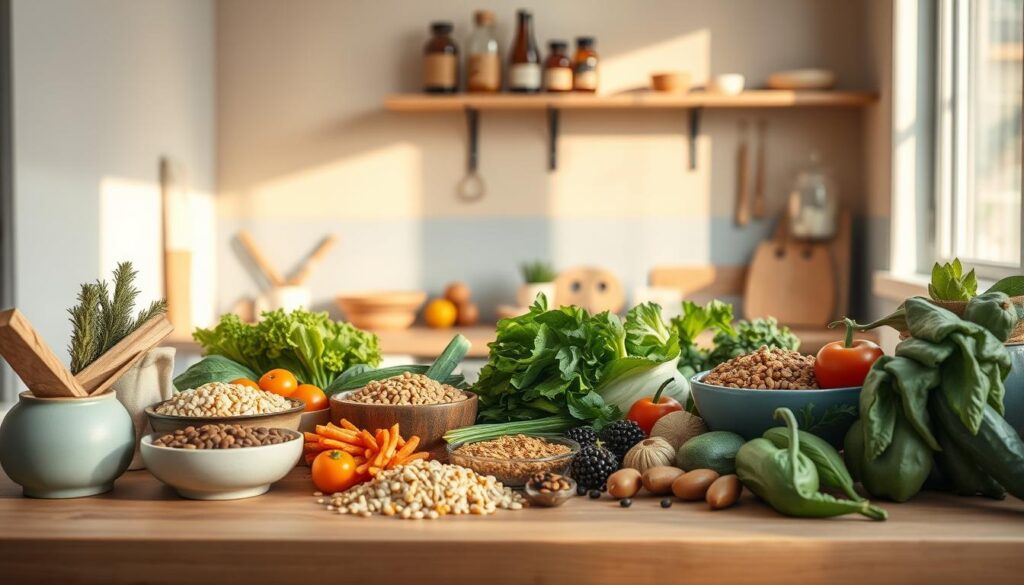 A cozy, minimal kitchen with wooden textures and light blue accents. On the countertop, an assortment of fresh vegetables, grains, and legumes arranged in aesthetically pleasing patterns. Warm, diffused lighting casts a soft glow, highlighting the vibrant colors and natural textures. In the background, a simple shelf displays various jars, bottles, and spices, hinting at the flavors and aromas to come. The scene conveys a sense of calm, nourishing preparation, inspiring the viewer to explore delicious vegetarian and vegan lunch ideas.