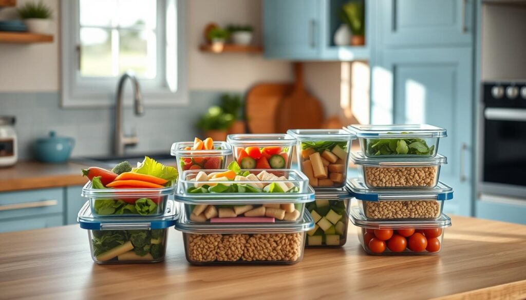 A cozy, minimal kitchen with wooden textures and light blue accents. On the countertop, an assortment of meal prep containers filled with colorful, wholesome ingredients - fresh produce, lean proteins, and grains. Sunlight filters through the windows, casting a warm glow over the scene. The mood is serene and organized, conveying the benefits of cold lunch recipes for weekly meal planning - convenience, nutrition, and a sense of control over one's diet. The composition emphasizes the simplicity and practicality of meal prep, without any distracting elements.
