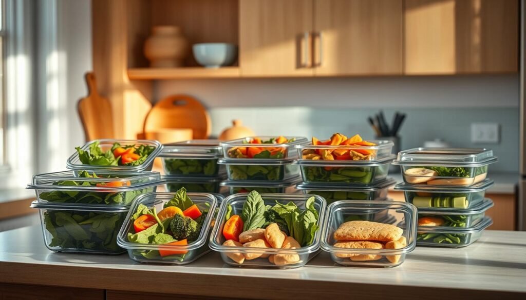 A cozy minimal kitchen with wooden textures and light blue accents. On the countertop, an assortment of neatly organized meal prep containers filled with fresh, colorful ingredients - roasted vegetables, leafy greens, and lean protein. The scene is bathed in warm, natural lighting, creating a calming, inviting atmosphere. The composition highlights the aesthetic appeal and practicality of cold lunch trends in the United States, reflecting the health-conscious and visually-driven nature of modern meal prep.