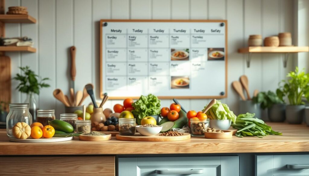 A cozy, minimal kitchen with wooden textures and light blue accents. On the countertop, an array of fresh produce, spices, and cooking utensils are artfully arranged, suggesting a well-thought-out meal planning strategy. In the background, a board displays a weekly meal rotation plan, highlighting the diversity of dishes. The lighting is soft and natural, casting a warm glow over the scene, conveying a sense of focus and creativity. No hands are visible, but the scene exudes a sense of purposeful preparation, inviting the viewer to imagine the delicious and nourishing meals that will emerge from this carefully curated kitchen.