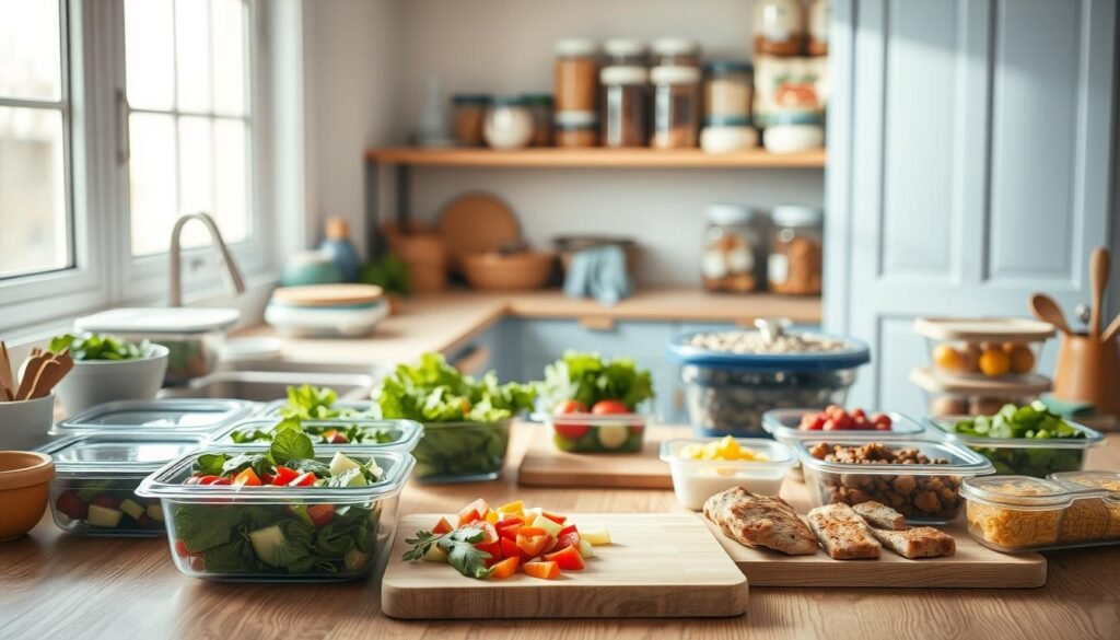 A cozy, minimal kitchen with wooden textures and light blue accents. On the countertop, an assortment of meal prep containers, fresh produce, and kitchen tools. The scene has a warm, natural lighting that casts soft shadows, highlighting the textures and colors. In the foreground, various meal options are being assembled - salads, stir-fries, and protein-rich dishes. The middle ground features a cutting board with chopped vegetables, while the background showcases a clean, organized pantry with jars and containers of dry goods. The overall atmosphere conveys a sense of efficiency and mindfulness in crafting nourishing, customizable meals for a busy lifestyle.