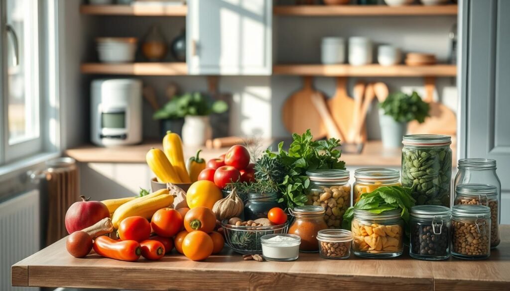A cozy, minimal kitchen with wooden textures and light blue accents. On the countertop, an array of fresh ingredients - crisp vegetables, ripe fruits, aromatic herbs, and flavorful spices. Neatly arranged in glass containers, a selection of homemade dressings, marinades, and snacks, each a harmonious blend of colors and flavors. The lighting is soft and warm, casting a gentle glow over the scene, inviting the viewer to envision the delicious and nutritious meals that can be prepared with these thoughtfully curated ingredients. The absence of hands suggests a sense of purposeful organization, hinting at the tips and tricks that can transform simple office meals into delightful culinary experiences.