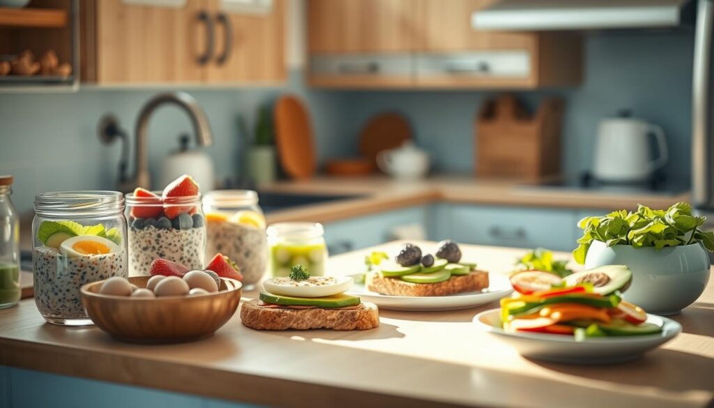 A cozy, minimal kitchen with wooden textures and light blue accents. On the countertop, an array of breakfast meal prep recipes neatly arranged - overnight oats with berries, hard-boiled eggs, avocado toast, and freshly sliced vegetables. The lighting is soft and natural, casting a warm glow over the scene. The focus is on the clean, wholesome ingredients, inviting the viewer to imagine preparing a healthy, satisfying breakfast for the workday ahead.