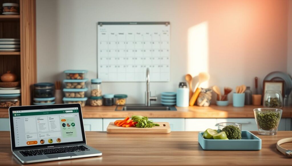 A cozy, minimal kitchen with wooden textures and light blue accents. On the countertop, an assortment of meal prep containers, reusable water bottles, and healthy snacks are neatly arranged. In the foreground, a laptop displays a meal planning app, while in the middle, a cutting board holds freshly chopped vegetables. The background features a simple, uncluttered wall with a calendar highlighting upcoming business trips. Warm, natural lighting casts a soft glow, creating a serene and organized atmosphere for 