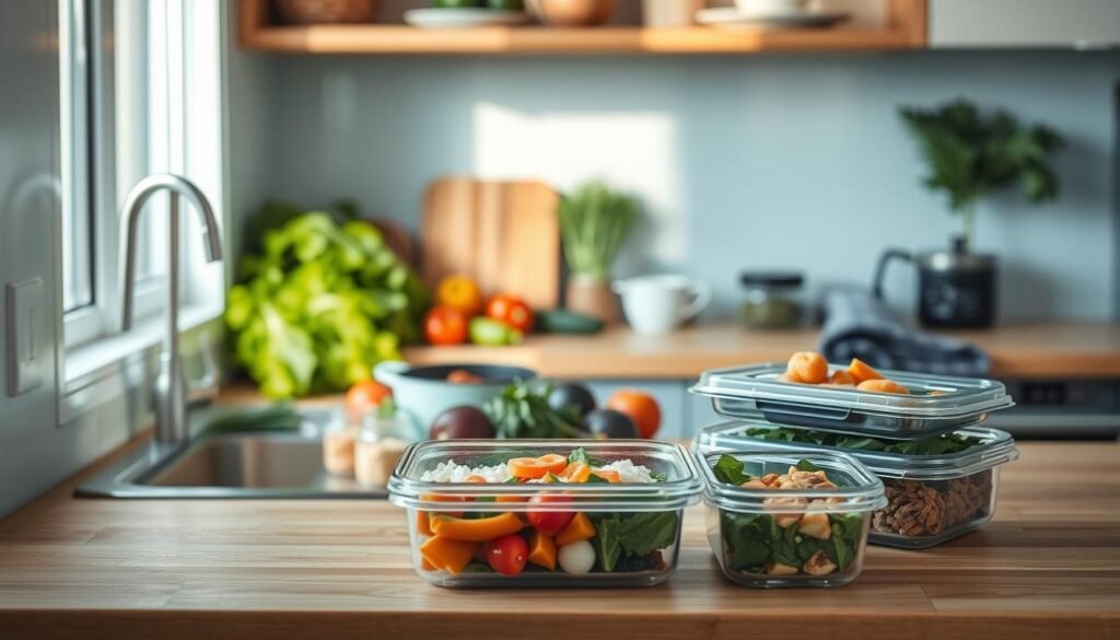 A cozy, minimal kitchen with wooden textures and light blue accents. On the countertop, an array of fresh ingredients - leafy greens, colorful vegetables, lean proteins, and a selection of spices and herbs. A meal prep container, filled with a balanced, flavorful meal, sits nearby, ready to be packed for the workday. The overhead lighting casts a warm, natural glow, illuminating the organized workflow of chopping, measuring, and portioning. The atmosphere is peaceful, inspiring a sense of mindful meal preparation - a tranquil routine to nourish both body and mind.