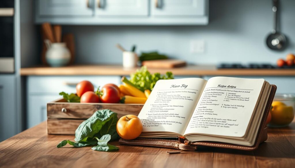 A cozy, minimal kitchen with wooden textures and light blue accents. On the countertop, an assortment of seasonal produce in rustic wooden crates - vibrant vegetables, crisp greens, plump fruits. Beside them, a leather-bound notebook open to a hand-drawn meal prep guide, with seasonal ingredient lists and simple, delectable recipes. Soft, natural lighting illuminates the scene, casting a warm, inviting glow. The overall mood is one of organized simplicity, inspiring the viewer to embrace the joys of seasonal eating and meal prepping for a productive workweek.