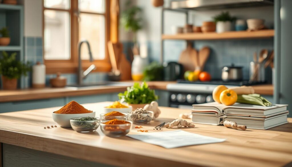 A cozy, minimal kitchen with wooden textures and light blue accents. On the countertop, an assortment of spices, herbs, and fresh ingredients from around the world - fragrant cumin, vibrant turmeric, aromatic ginger, and crisp produce. Warm, focused lighting casts a soft glow, illuminating the scene and inviting exploration. Cookbooks and recipe cards are neatly arranged, showcasing culinary inspirations from diverse global cuisines. The atmosphere is one of creativity, experimentation, and the joy of discovering new flavors to elevate everyday meals.
