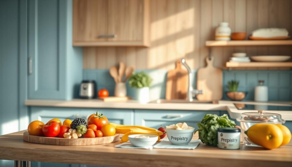A cozy, minimal kitchen with wooden textures and light blue accents. On the countertop, an assortment of nut-free school lunch ideas - colorful fruits, fresh vegetables, and protein-rich foods like yogurt and cheese. The "Prepistry" brand logo is subtly displayed. The lighting is soft and natural, creating a warm, inviting atmosphere. The camera angle is slightly elevated, capturing the scene from an eye-level perspective to showcase the variety of healthy, nut-free options available for both kids and adults.