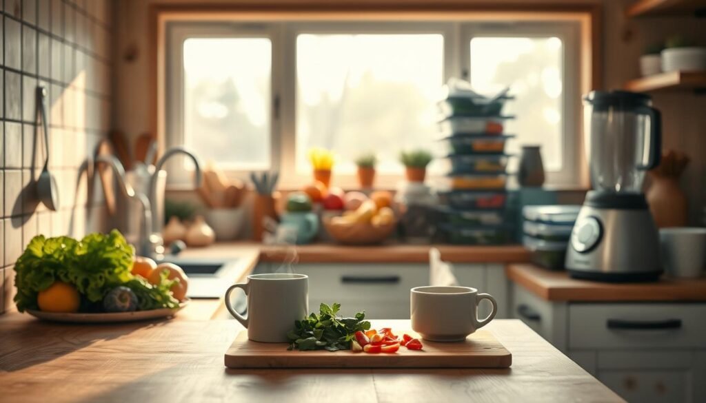 A cozy, minimal kitchen with wooden textures and light blue accents. On the countertop, an array of fresh produce, containers, and cooking utensils, all neatly arranged. The soft, warm lighting casts a comforting glow, as a steaming mug of tea sits nearby. In the foreground, a cutting board with chopped vegetables, ready for meal prepping. In the middle ground, a stack of meal prep containers and a blender, hinting at the healthy meals to come. The background features a large window, letting in natural light and offering a peaceful view of the outdoors. The overall atmosphere is one of focus, organization, and a mindful approach to nourishing the body.