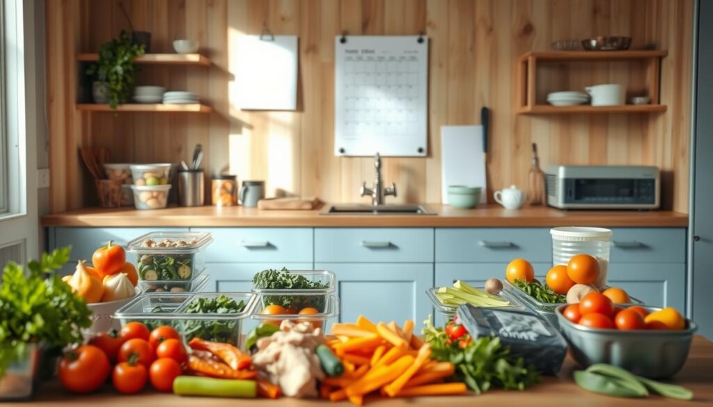 A cozy, minimal kitchen with wooden textures and light blue accents. On the countertop, an assortment of meal prep containers, chopping boards, and kitchen utensils are neatly arranged. In the foreground, a variety of fresh, colorful vegetables and proteins are prepped and ready for assembly. Soft, natural lighting illuminates the scene, highlighting the efficiency and organization of the space. In the background, a simple, minimalist wall calendar and a planner suggest a well-planned, time-saving approach to meal preparation. The atmosphere is serene and focused, inviting the viewer to imagine the stress-free, time-saving strategies for a healthy, low-carb lunch meal prep.