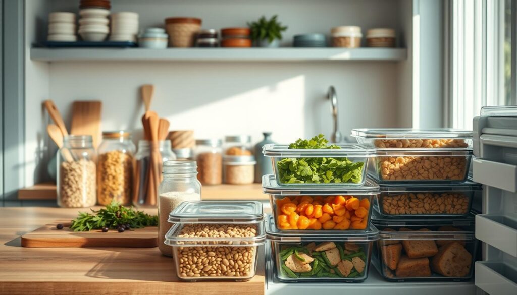 A cozy, minimal kitchen with wooden textures and light blue accents. On the countertop, an assortment of glass containers and mason jars filled with various pantry staples, such as dried beans, lentils, and grains. Beside them, a cutting board with fresh herbs and spices. In the foreground, an open freezer reveals neatly organized containers of homemade freezer meals - hearty stews, casseroles, and portioned-out protein-rich dishes. Bright natural light filters in through a window, casting a warm glow over the scene. The mood is one of efficiency, organization, and culinary inspiration for creative recipes using these pantry essentials.