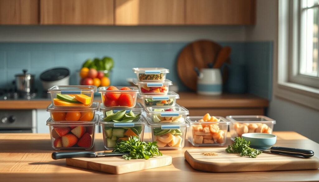 A cozy, minimal kitchen with wooden textures and light blue accents. On the countertop, various meal prep containers are neatly organized, filled with colorful fruits, vegetables, and proteins. A cutting board with fresh herbs stands nearby, accompanied by a sleek knife and a small bowl of spices. The lighting is soft and natural, casting a warm glow over the scene. The composition emphasizes the efficiency and simplicity of a well-planned meal prep routine, inviting the viewer to imagine how they can apply these quick and easy tips to their own busy days.