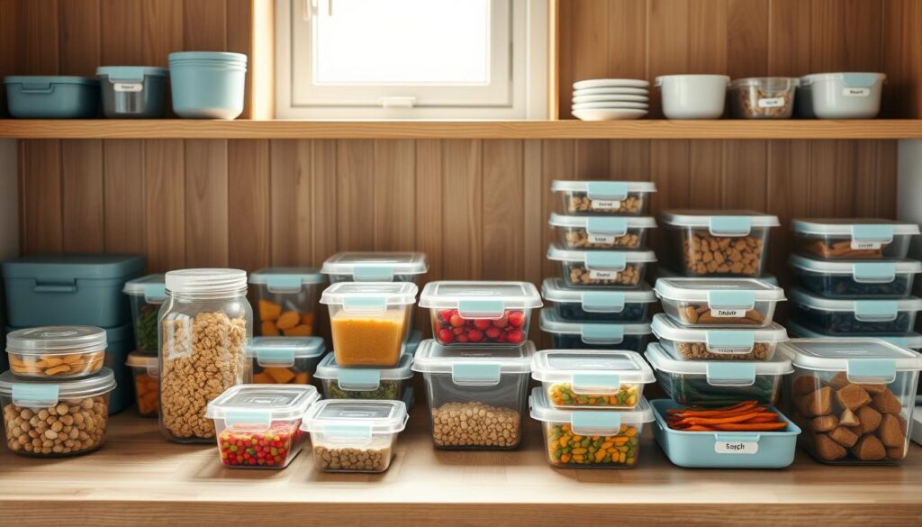 A cozy, minimal kitchen with wooden textures and light blue accents. On the countertop, various meal prep containers in different sizes and shapes are neatly arranged, each labeled with the contents. Glass jars, plastic bins, and bento-style boxes create a visually pleasing and organized display. The lighting is soft and natural, highlighting the clean lines and tidy layout. In the background, a small window lets in gentle daylight, creating a serene and inviting atmosphere for efficient meal preparation and storage.