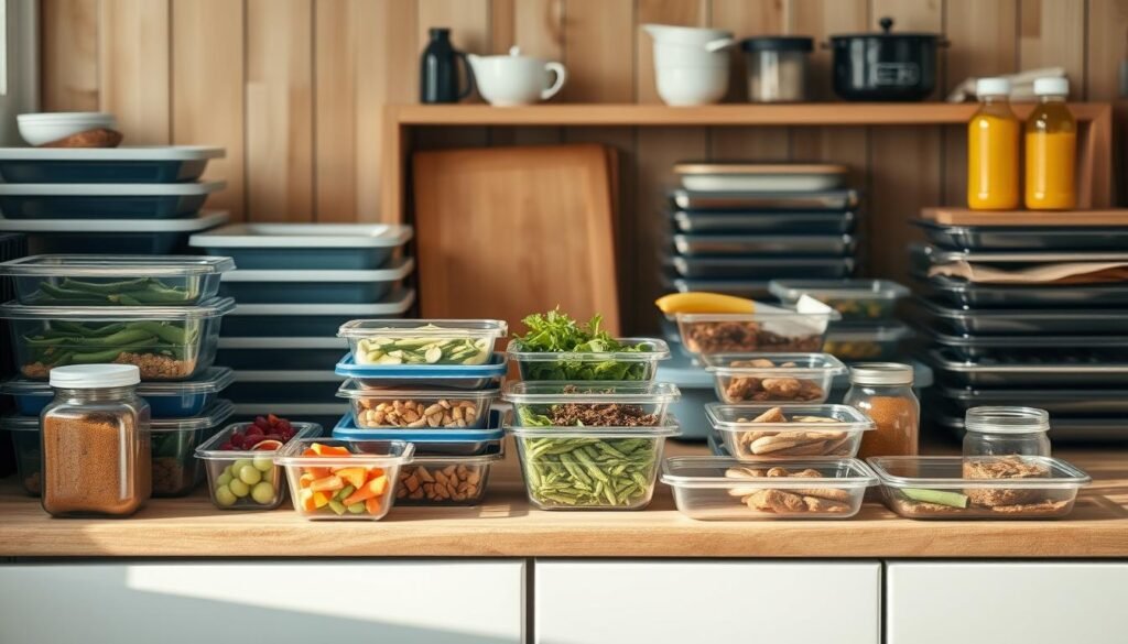 A cozy, minimal kitchen with wooden textures and light blue accents. On the countertop, various meal prep containers filled with wholesome, diabetic-friendly ingredients. Stacks of sheet pans and trays for baking, roasting, and steaming. Jars of spices, herbs, and oils neatly arranged. The warm, indirect lighting creates a calming atmosphere, emphasizing the efficiency and time-saving nature of batch cooking techniques. The scene exudes a sense of organized productivity, showcasing how simple meal prep can be with the right tools and methods.