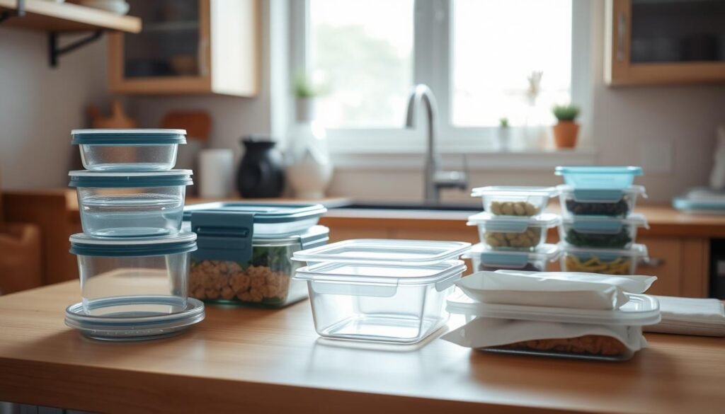 A cozy, minimal kitchen with wooden textures and light blue accents. On the kitchen counter, an assortment of transparent glass containers, plastic lids, and reusable silicone bags neatly arranged, showcasing a variety of meal prep storage solutions. The soft, natural lighting filters through the windows, creating a warm and inviting atmosphere. The camera captures the scene from a slightly elevated angle, highlighting the practical and organized nature of the meal prep setup.