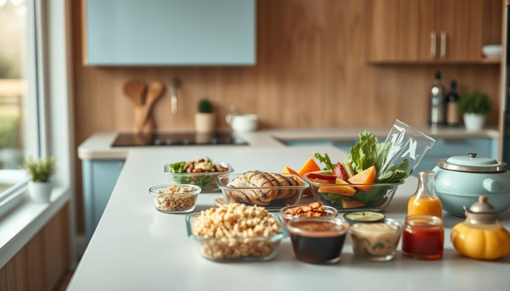 A cozy, minimal kitchen with wooden textures and light blue accents. On the sleek countertop, an array of meal prep components - grilled chicken, roasted vegetables, quinoa, leafy greens, and an assortment of sauces and condiments. The components are strategically arranged, inviting the viewer to mix and match, creating customizable, delicious office lunches. Soft, diffused lighting illuminates the scene, capturing the essence of a thoughtful, organized meal prep system. The camera angle is slightly elevated, providing a bird's-eye view of the enticing mix-and-match possibilities.