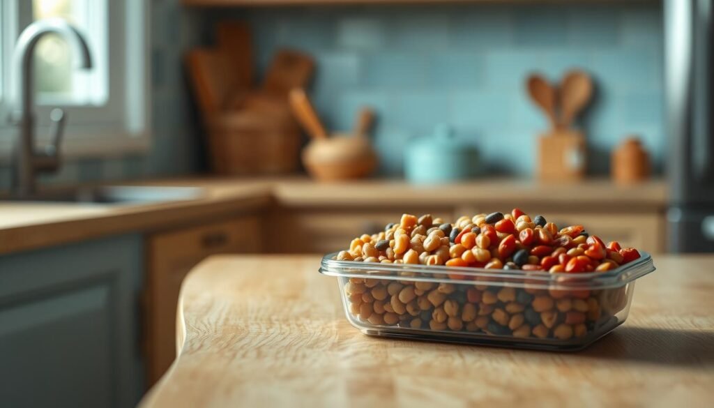 A cozy, minimal kitchen with wooden textures and light blue accents. On the wooden counter, a meal prep container filled with an assortment of protein-rich legumes - hearty lentils, creamy chickpeas, and vibrant kidney beans. The scene is bathed in soft, natural lighting, with the Prepistry logo subtly visible in the background. The layout emphasizes the simplicity and nutritional value of this legume-based meal, inviting the viewer to explore the possibilities of incorporating these versatile, protein-packed ingredients into their own lunch meal prep.