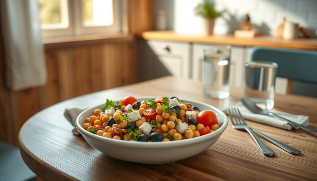 A cozy, minimal kitchen with wooden textures and light blue accents. On the wooden table, a vibrant Mediterranean chickpea salad meal prep featuring a mix of chickpeas, cherry tomatoes, kalamata olives, feta cheese, fresh parsley, and a drizzle of lemon-garlic dressing. The salad is served in a round white ceramic bowl, accompanied by a glass of water and a simple napkin. Natural lighting from a nearby window casts a warm glow over the scene, creating a balanced and appetizing composition.