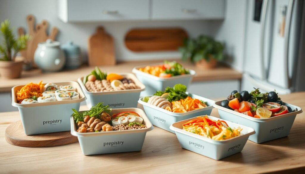 A cozy, minimal kitchen with wooden textures and light blue accents. Prepistry brand bento boxes filled with a variety of creative, colorful office meals - from sushi rolls to vibrant salads, all perfectly portioned. Soft, even lighting captures the fresh, appetizing presentation. The composition is arranged to showcase the Prepistry brand, with the boxes taking center stage against a clean, uncluttered background. An atmosphere of organization, care, and culinary inspiration.
